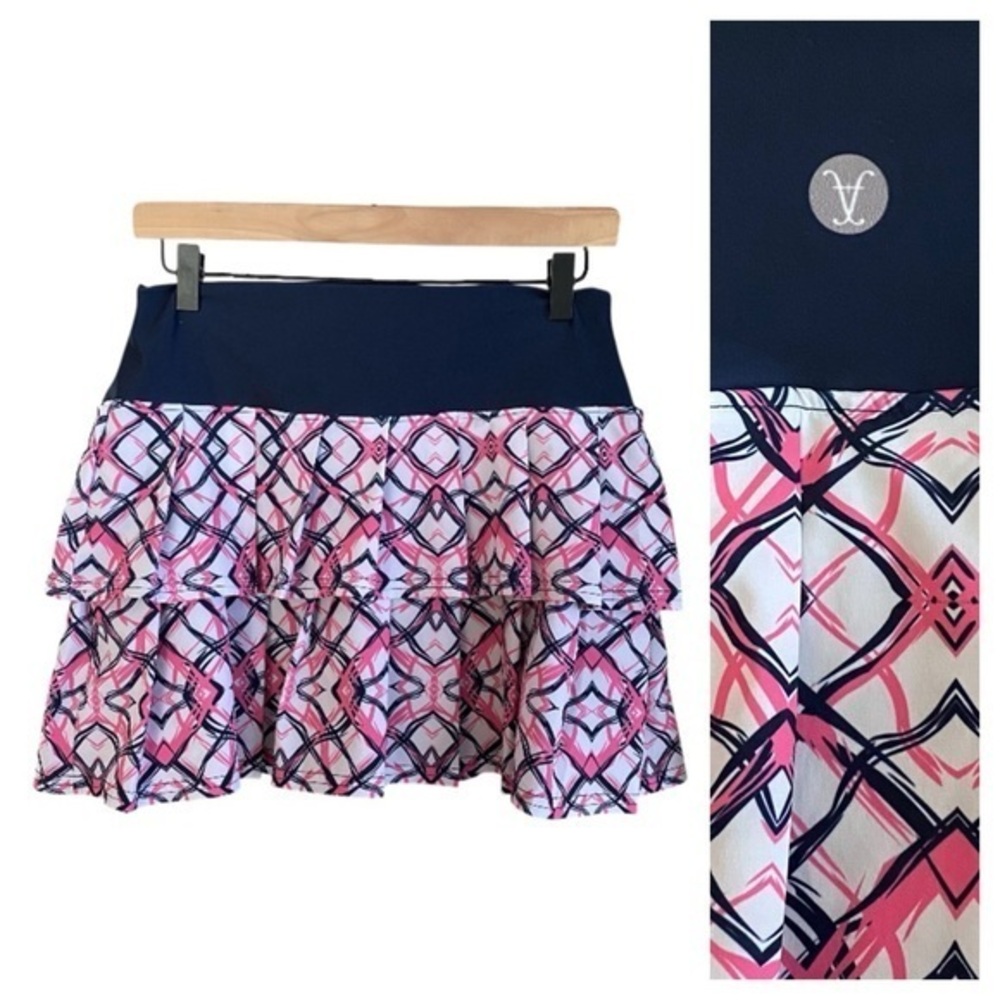 Faye + Florie Lisa Tennis Skirt Skort Navy Blue Pink Lattice Print Large